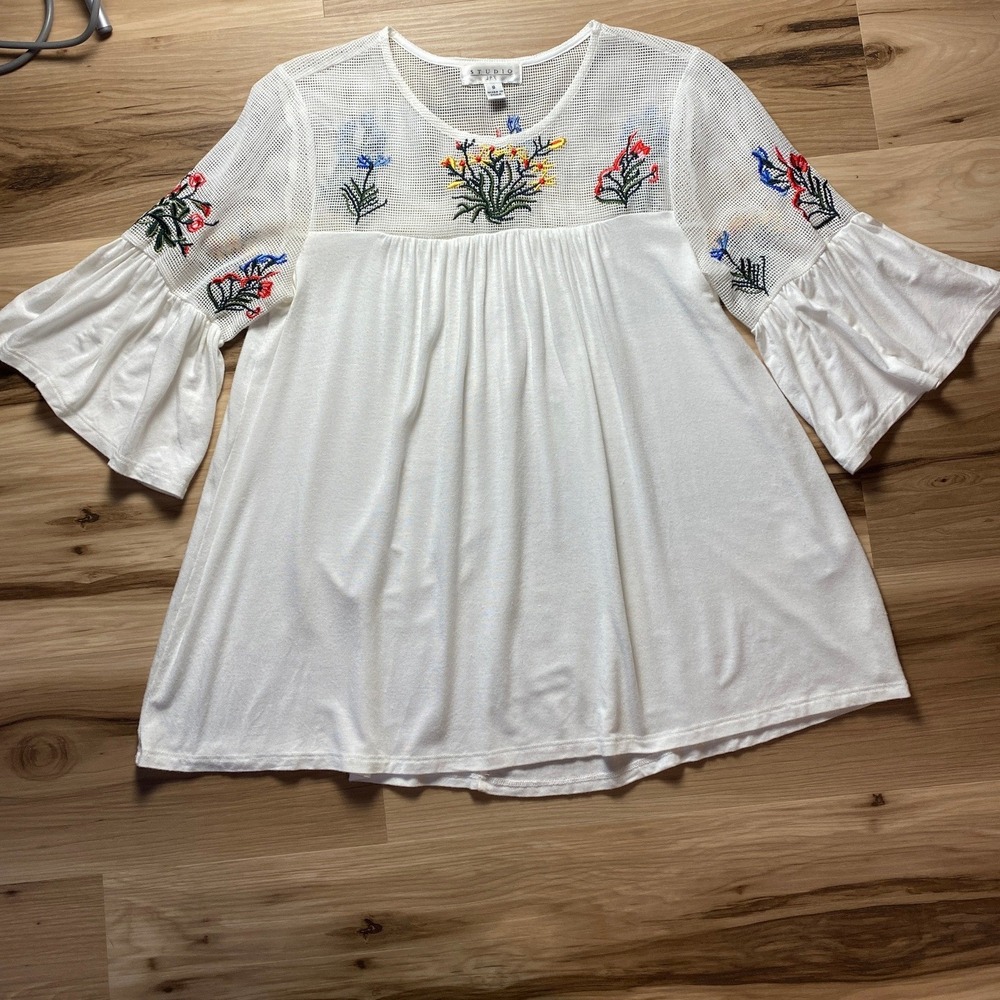 Studio JPR Womens‎ White Floral Embroidered Mesh Yoke Bell Sleeve Top Small